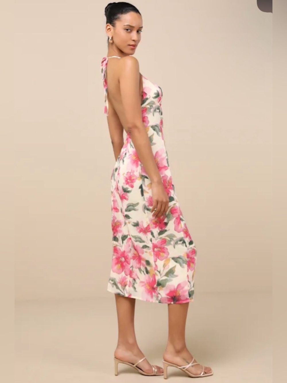 Lulus Floral Midi Dress Halter Open Back Pink Cream Spring Summer NWT - Picture 2 of 9